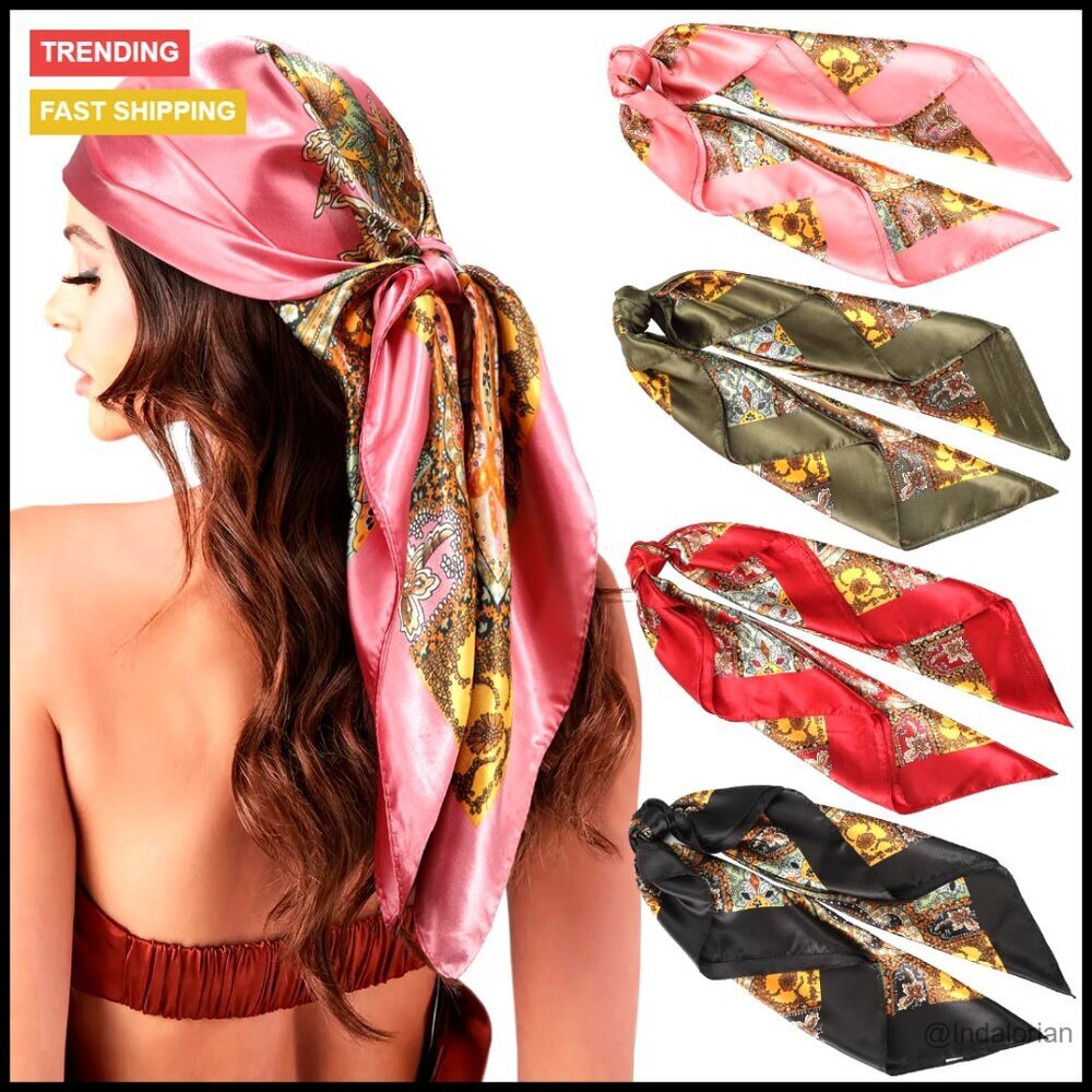 Large Satin Hair Scarf Set 4Pcs Floral Print Multi-Way Head Wrap Bandana